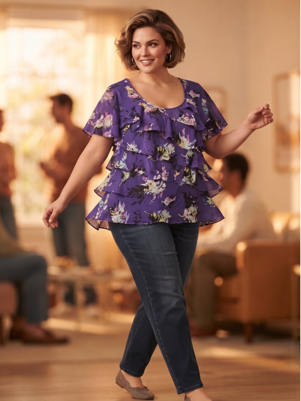 Apt. 9 Women 1X Floral Ruffle Blouse Purple Layered Tiered Statement Boutique